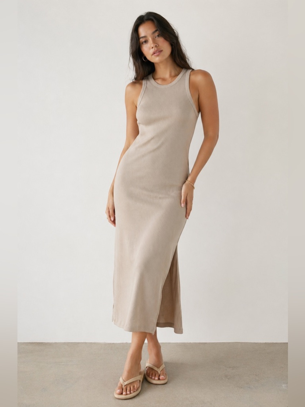 Elegant Sleeveless Tank Dress M Tan Ribbed Knit Midi Casual Side Slit Minimalist